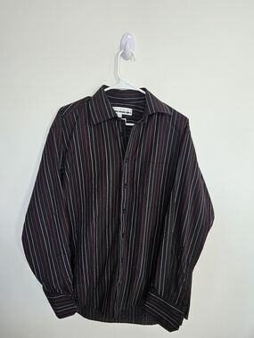 Leo Chevalier Design Black Pinstripe Dress Shirt 15.5 34/35 Wrinkle Resistant🔥